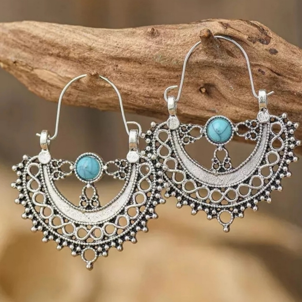 Two Turquoise Basket Weaver Hoop Earrings - Picture 5 of 13